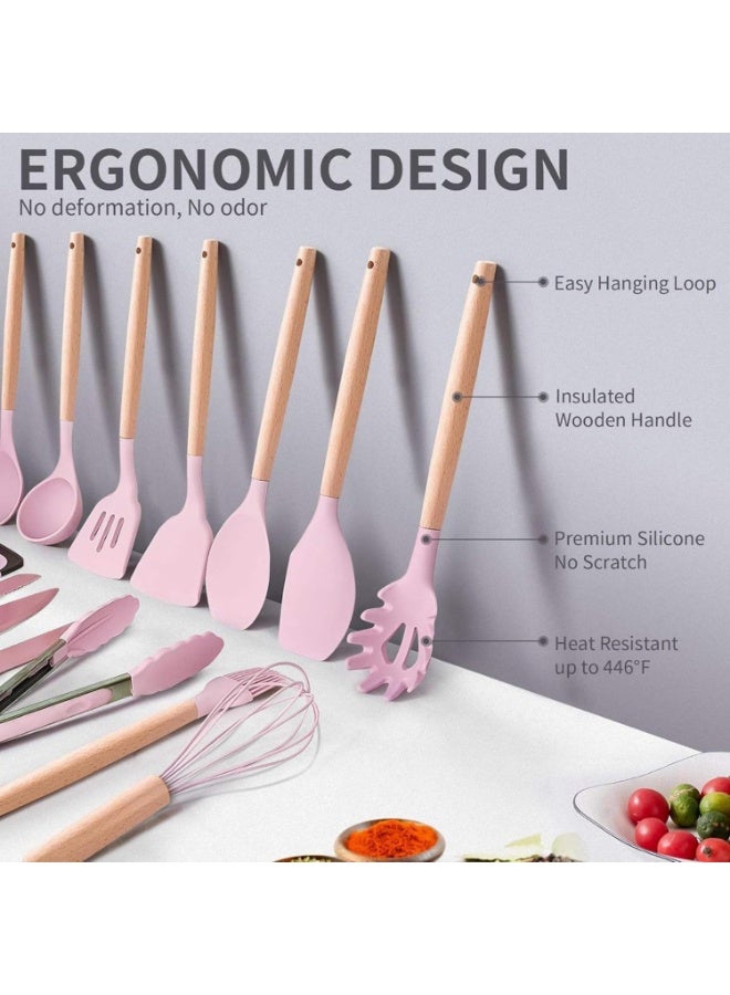 DubaiGallery 19Pcs Premium Cooking Utensils Set Silicone Non Stick Safe Tools, Wooden Handle Design, Knife Set, Spatula Spoon Whisk Tongs, Heat Resistant Kitchen Accessories for Home and Professional Cooking - Image 4